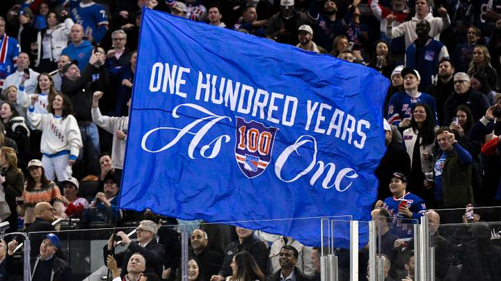 Nov 16, 2025; New York, New York, USA; General view of a flag being waved by New York Rangers staff during the second period against the Detroit Red Wings at Madison Square Garden. Nov 16, 2025; New York, New York, USA; General view of a flag being waved by New York Rangers staff during the second period against the Detroit Red Wings at Madison Square Garden.