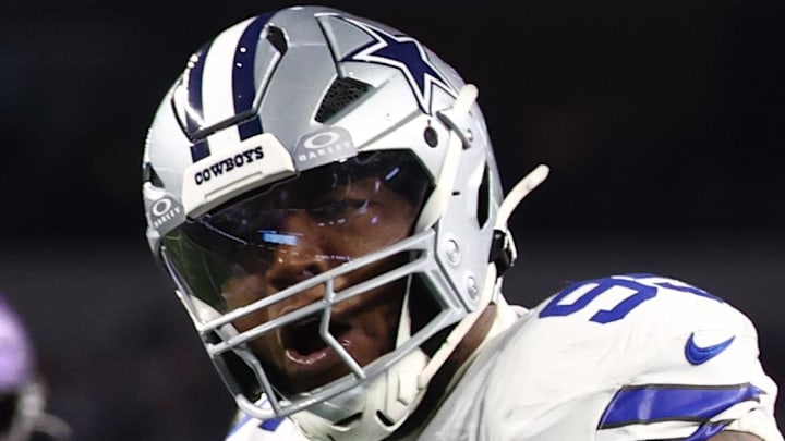 Dec 14, 2025; Arlington, Texas, USA; Dallas Cowboys defensive tackle Kenny Clark (95) celebrates after a play during the first half against the Minnesota Vikings at AT&T Stadium. Mandatory Credit: Kevin Jairaj-Imagn Images