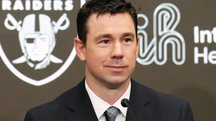 Feb 10, 2026; Henderson, NV, USA; Las Vegas Raiders coach Klint Kubiak speaks at introductory press conference at Intermountain Health Performance Center. Mandatory Credit: Kirby Lee-Imagn Images