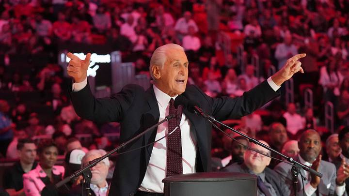  Miami Heat president Pat Riley addresses the crowd  (Mandatory Credit: Jim Rassol-Imagn Images)