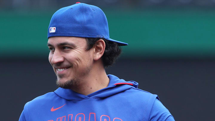 Apr 29, 2025; Pittsburgh, Pennsylvania, USA; Chicago Cubs infielder Nicky Lopez (12) warms up before the game against the Pittsburgh Pirates at PNC Park. Mandatory Credit: Charles LeClaire-Imagn Images