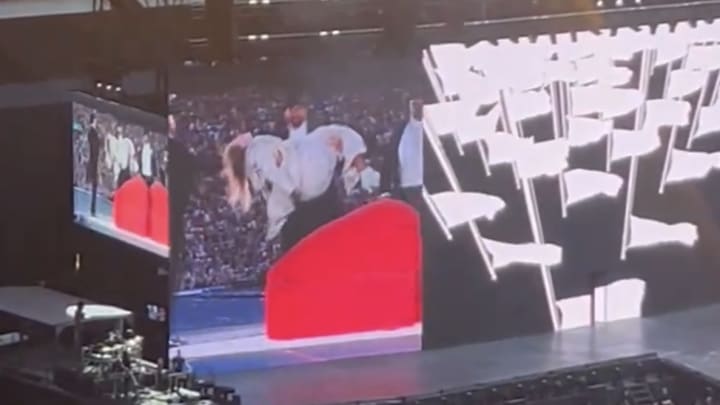 Kansas City Chiefs tight end Travis Kelce carries Taylor Swift during the Eras Tour at London’s Wembley Stadium. Kansas City Chiefs tight end Travis Kelce carries Taylor Swift during the Eras Tour at London’s Wembley Stadium.