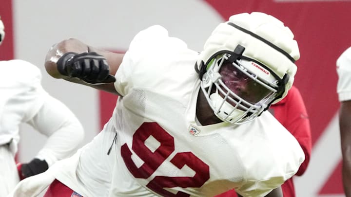 Arizona Cardinals defensive lineman Bilal Nichols (92) works through a drill during training camp at State Farm Stadium in Glendale, Ariz., on Monday, July 29, 2024. Arizona Cardinals defensive lineman Bilal Nichols (92) works through a drill during training camp at State Farm Stadium in Glendale, Ariz., on Monday, July 29, 2024.