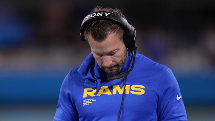 Jan 10, 2026; Charlotte, NC, USA; Los Angeles Rams head coach Sean McVay in the first half during the NFC Wild Card Round game at Bank of America Stadium. Mandatory Credit: Jim Dedmon-Imagn Images