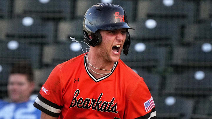 May 26, 2023; Mesa, AZ, USA; Sam Houston Bearkats' Walker Janek (3) celebrates his 3-run home run against the GCU Lobos during their WAC Tournament game at Hohokam Stadium. May 26, 2023; Mesa, AZ, USA; Sam Houston Bearkats' Walker Janek (3) celebrates his 3-run home run against the GCU Lobos during their WAC Tournament game at Hohokam Stadium.