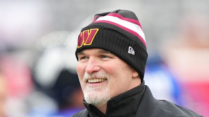Washington Commanders head coach Dan Quinn looks on during warmups prior to the game.