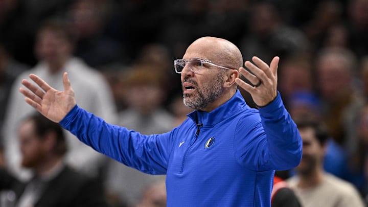 Feb 12, 2025; Dallas, Texas, USA; Dallas Mavericks head coach Jason Kidd during the game between the Dallas Mavericks and the Golden State Warriors at the American Airlines Center. Mandatory Credit: Jerome Miron-Imagn Images Feb 12, 2025; Dallas, Texas, USA; Dallas Mavericks head coach Jason Kidd during the game between the Dallas Mavericks and the Golden State Warriors at the American Airlines Center. Mandatory Credit: Jerome Miron-Imagn Images