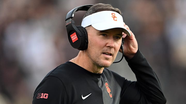 Sep 13, 2025; West Lafayette, Indiana, USA; Southern California Trojans head coach Lincoln Riley stands on the sidelines during the first quarter against the Purdue Boilermakers at Ross-Ade Stadium. Mandatory Credit: Marc Lebryk-Imagn Images