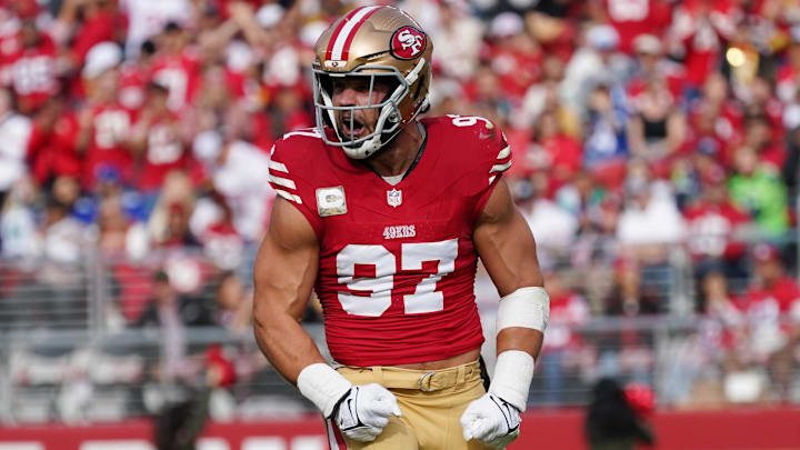 Nov 17, 2024; Santa Clara, California, USA; San Francisco 49ers defensive end Nick Bosa (97) celebrates after sacking Seattle Seahawks quarterback Geno Smith (7) in the first quarter at Levi's Stadium. Mandatory Credit: David Gonzales-Imagn Images