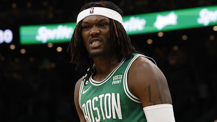 Boston Celtics center Robert Williams III (44) grits his teeth after being fouled.