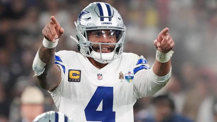 Dallas Cowboys quarterback Dak Prescott sets the play against the Baltimore Ravens during the game at Maracana Stadium. Dallas Cowboys quarterback Dak Prescott sets the play against the Baltimore Ravens during the game at Maracana Stadium.