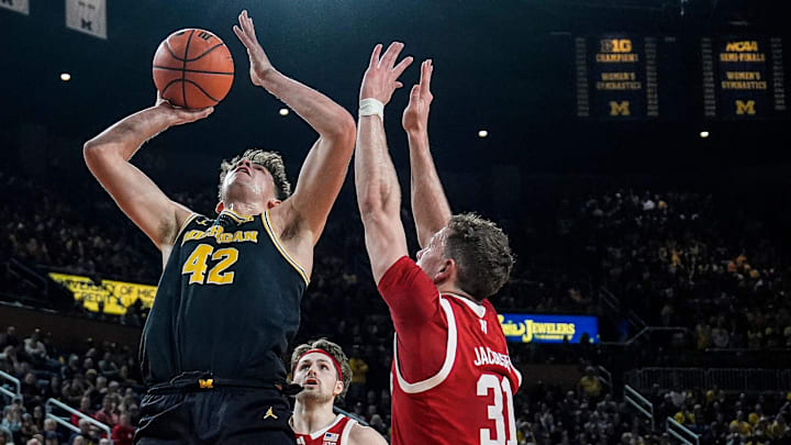 Michigan forward Will Tschetter (42) makes a jump shot against Nebraska guard Cale Jacobsen (31)