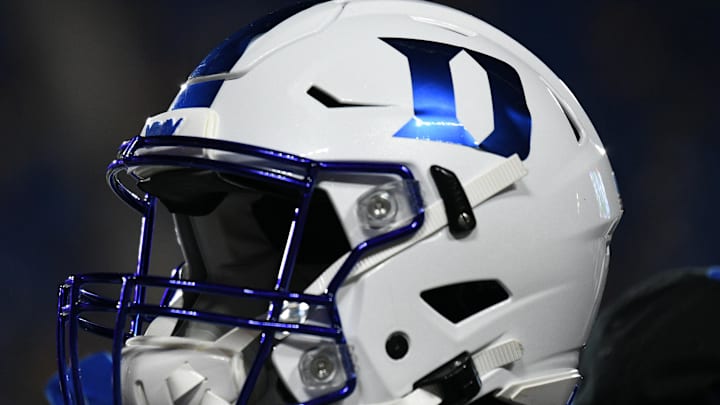 Sep 10, 2021; Durham, North Carolina, USA; A Duke Blue Devils helmet sits on an equipment chest during the third quarter of the game against the North Carolina A&T Aggies at Wallace Wade Stadium. Mandatory Credit: William Howard-Imagn Images
