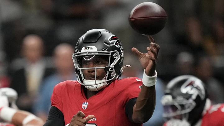 Oct 5, 2026; New Orleans, Louisiana, USA;  Atlanta Falcons quarterback Michael Penix Jr. (9) passes against the New Orleans Saints during the first half at Caesars Superdome.  Mandatory Credit: Matthew Hinton-Imagn Images