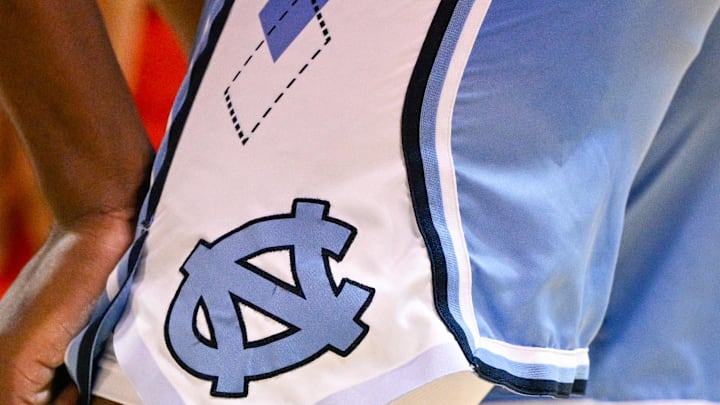 Jan 3, 2026; Dallas, Texas, USA; A view of the North Carolina Tar Heels logo on the shorts of forward Caleb Wilson (8) during the second half against the SMU Mustangs at Moody Coliseum. Mandatory Credit: Jerome Miron-Imagn Images