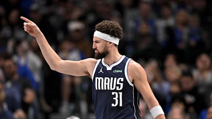 Jan 12, 2025; Dallas, Texas, USA; Dallas Mavericks guard Klay Thompson (31) celebrates after he makes a three point basket against the Denver Nuggets during the second half at the American Airlines Center. Mandatory Credit: Jerome Miron-Imagn Images Jan 12, 2025; Dallas, Texas, USA; Dallas Mavericks guard Klay Thompson (31) celebrates after he makes a three point basket against the Denver Nuggets during the second half at the American Airlines Center. Mandatory Credit: Jerome Miron-Imagn Images