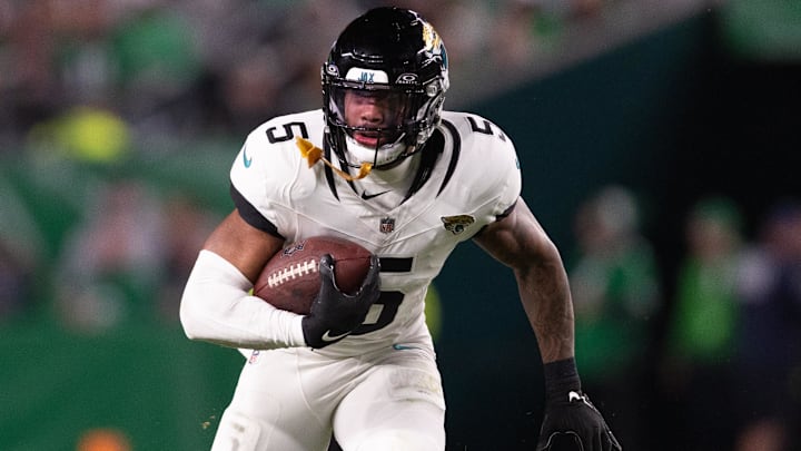 Nov 3, 2024; Philadelphia, Pennsylvania, USA; Jacksonville Jaguars safety Andre Cisco (5) in action against the Philadelphia Eagles at Lincoln Financial Field. Mandatory Credit: Bill Streicher-Imagn Images