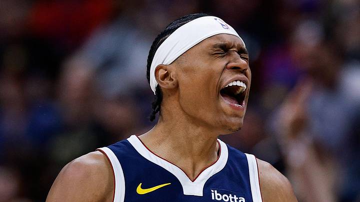 Mar 25, 2026; Denver, Colorado, USA; Denver Nuggets guard Peyton Watson (8) reacts after a play in the fourth quarter against the Dallas Mavericks at Ball Arena. Mandatory Credit: Isaiah J. Downing-Imagn Images