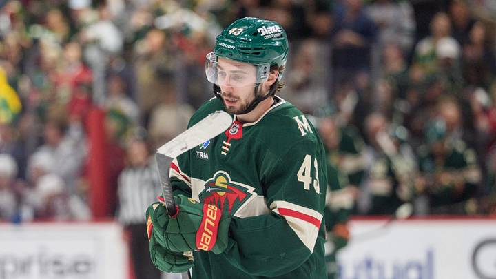May 9, 2026; Saint Paul, Minnesota, USA; Minnesota Wild defenseman Quinn Hughes (43) skates after scoring against the Colorado Avalanche in the first period of game three of the second round of the 2026 Stanley Cup Playoffs at Grand Casino Arena. Mandatory Credit: Matt Blewett-Imagn Images May 9, 2026; Saint Paul, Minnesota, USA; Minnesota Wild defenseman Quinn Hughes (43) skates after scoring against the Colorado Avalanche in the first period of game three of the second round of the 2026 Stanley Cup Playoffs at Grand Casino Arena. Mandatory Credit: Matt Blewett-Imagn Images