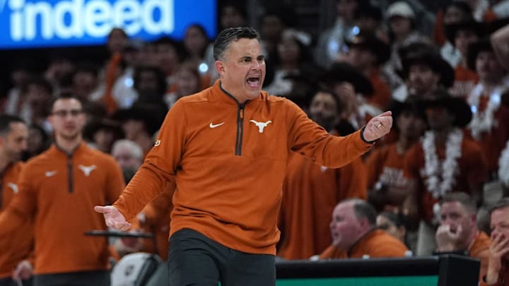 Texas Longhorns head coach Sean Miller reacts to the referee during the second half against the Florida Gators.