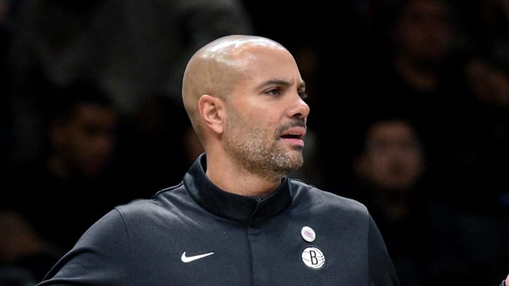 Nov 3, 2025; Brooklyn, New York, USA; Brooklyn Nets head coach Jordi Fernandez reacts during the second half against the Minnesota Timberwolves at Barclays Center. Mandatory Credit: John Jones-Imagn Images