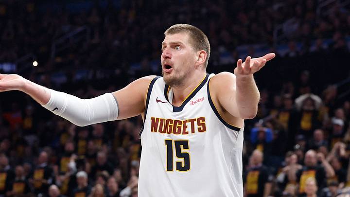 May 5, 2025; Oklahoma City, Oklahoma, USA; Denver Nuggets center Nikola Jokic (15) reacts after a play against the Oklahoma City Thunder during the second half in game one of the second round for the 2025 NBA Playoffs at Paycom Center. Mandatory Credit: Alonzo Adams-Imagn Images