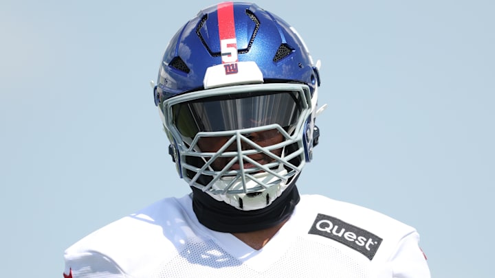 Jul 23, 2025; East Rutherford, NJ, USA; New York Giants linebacker Kayvon Thibodeaux (5) on the field during training camp at Quest Diagnostics Training Center. Mandatory Credit: Vincent Carchietta-Imagn Images Jul 23, 2025; East Rutherford, NJ, USA; New York Giants linebacker Kayvon Thibodeaux (5) on the field during training camp at Quest Diagnostics Training Center. Mandatory Credit: Vincent Carchietta-Imagn Images