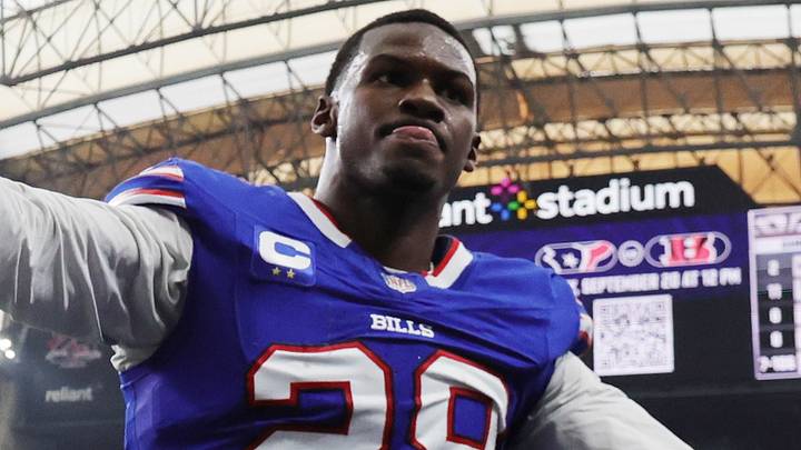 Buffalo Bills safety Sam Franklin Jr. high fives fans while exiting the field after the game against the Houston Texans. Buffalo Bills safety Sam Franklin Jr. high fives fans while exiting the field after the game against the Houston Texans.