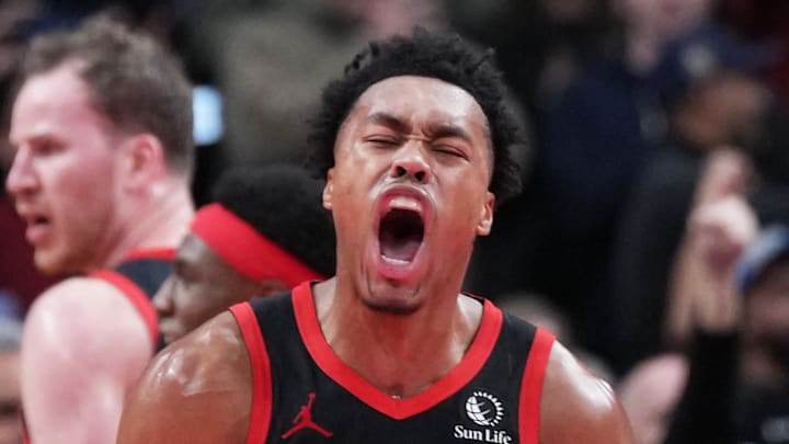 Toronto Raptors forward Scottie Barnes celebrates the win against the Indiana Pacers.