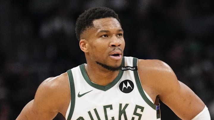 Mar 30, 2025; Milwaukee, Wisconsin, USA;  Milwaukee Bucks forward Giannis Antetokounmpo (34) looks on during the first quarter against the Atlanta Hawks at Fiserv Forum. Mandatory Credit: Jeff Hanisch-Imagn Images