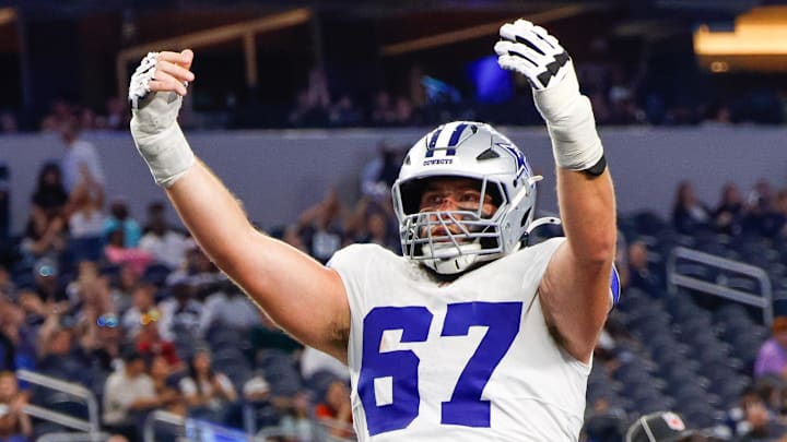 Aug 22, 2025; Arlington, Texas, USA; Dallas Cowboys center Brock Hoffman (67) celebrates after a touchdown during the fourth quarter against the Atlanta Falcons at AT&T Stadium. Mandatory Credit: Andrew Dieb-Imagn Images Aug 22, 2025; Arlington, Texas, USA; Dallas Cowboys center Brock Hoffman (67) celebrates after a touchdown during the fourth quarter against the Atlanta Falcons at AT&T Stadium. Mandatory Credit: Andrew Dieb-Imagn Images