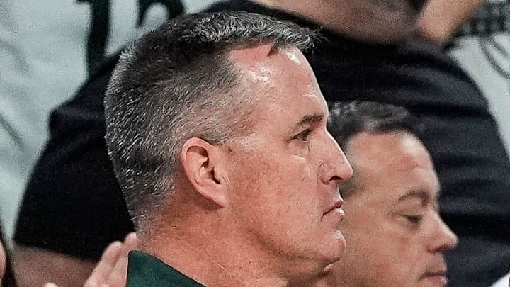Michigan State football head coach Pat Fitzgerald cheers on during the second half against Duke at Breslin Center in East Lansing on Saturday, Dec. 6, 2025.