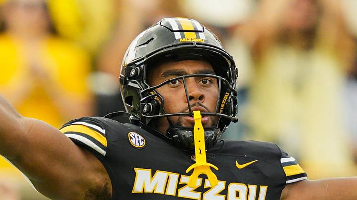 Oct 11, 2025; Columbia, Missouri, USA; Missouri Tigers defensive end Damon Wilson II (8) celebrates after recovering a fumble during the second half against the Alabama Crimson Tide at Faurot Field at Memorial Stadium. Mandatory Credit: Jay Biggerstaff-Imagn Images