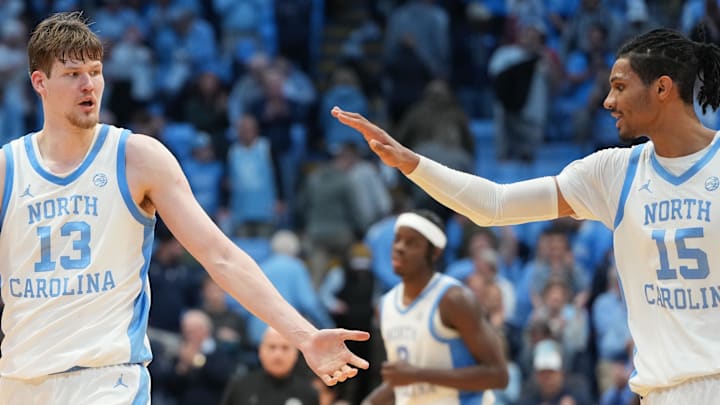 Dec 7, 2025; Chapel Hill, North Carolina, USA; North Carolina Tar Heels center Henri Veesaar (13) reacts with forward Jarin Stevenson (15) after the game at Dean E. Smith Center. Mandatory Credit: Bob Donnan-Imagn Images Dec 7, 2025; Chapel Hill, North Carolina, USA; North Carolina Tar Heels center Henri Veesaar (13) reacts with forward Jarin Stevenson (15) after the game at Dean E. Smith Center. Mandatory Credit: Bob Donnan-Imagn Images