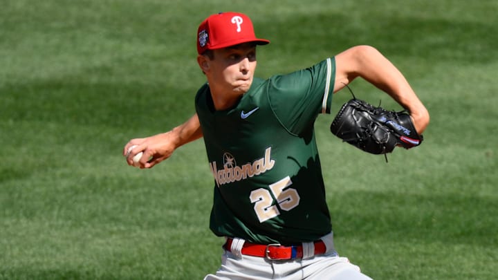Jul 8, 2023; Seattle, Washington, USA; National League Futures starting pitcher Mick Abel (25) of the Philadelphia Phillies pitches to the American League during the first inning of the All Star-Futures game at T-Mobile Park
