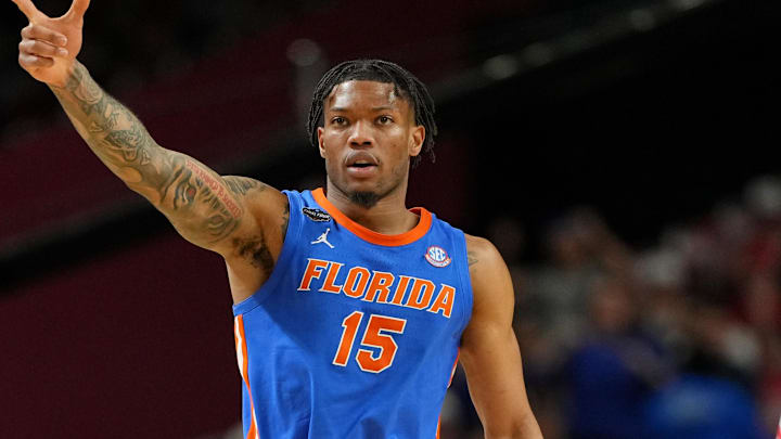 Apr 7, 2025; San Antonio, TX, USA; Florida Gators guard Alijah Martin (15) reacts after a play against the Houston Cougars during the second half of the national championship game of the Final Four of the 2025 NCAA Tournament at the Alamodome. Mandatory Credit: Bob Donnan-Imagn Images Apr 7, 2025; San Antonio, TX, USA; Florida Gators guard Alijah Martin (15) reacts after a play against the Houston Cougars during the second half of the national championship game of the Final Four of the 2025 NCAA Tournament at the Alamodome. Mandatory Credit: Bob Donnan-Imagn Images