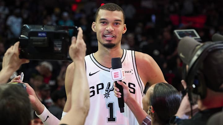 Apr 26, 2026; Portland, Oregon, USA; San Antonio Spurs forward Victor Wembanyama (1) answers questions during a post game interview after a game against the Portland Trail Blazers during game four of the first round of the 2026 NBA Playoffs at Moda Center. Mandatory Credit: Troy Wayrynen-Imagn Images