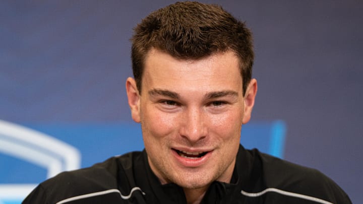 Feb 27, 2026; Indianapolis, IN, USA; Indiana quarterback Fernando Mendoza (QB11) speaks to members of the media during the NFL Combine at the Indiana Convention Center. Mandatory Credit: Jacob Musselman-Imagn Images