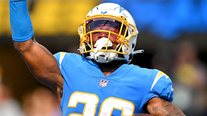 Sep 11, 2022; Inglewood, California, USA; Los Angeles Chargers cornerback Asante Samuel Jr. (26) celebrates after an interception in the end zone in the third quarter against the Las Vegas Raiders at SoFi Stadium. Mandatory Credit: Jayne Kamin-Oncea-Imagn Images
