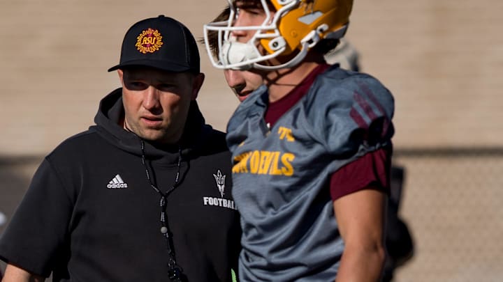 Arizona State head football coach Kenny Dillingham watches as his team practices at Eastwood High School in El Paso, Texas, on Sunday, Dec. 28, 2025, during Sun Bowl week ahead of the Tony the Tiger Sun Bowl.