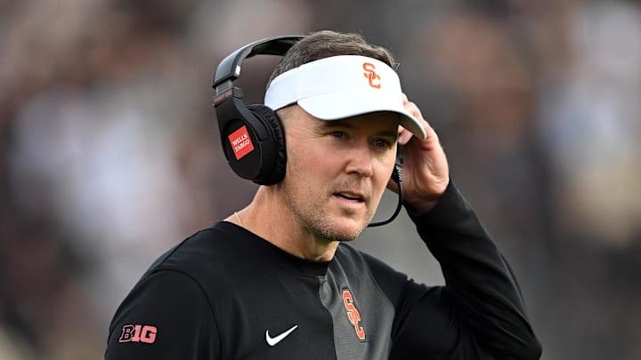Sep 13, 2025; West Lafayette, Indiana, USA; Southern California Trojans head coach Lincoln Riley stands on the sidelines during the first quarter against the Purdue Boilermakers at Ross-Ade Stadium. Mandatory Credit: Marc Lebryk-Imagn Images