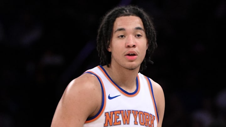 Oct 15, 2024; New York, New York, USA; New York Knicks guard Pacome Dadiet (4) during the first half against the Charlotte Hornets at Madison Square Garden. Mandatory Credit: John Jones-Imagn Images
