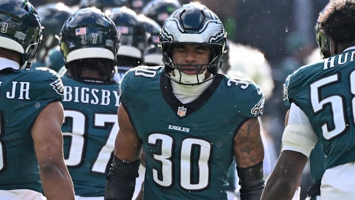 Dec 14, 2025; Philadelphia, Pennsylvania, USA; Philadelphia Eagles linebacker Jihaad Campbell (30) during player introductions against the Las Vegas Raiders at Lincoln Financial Field.