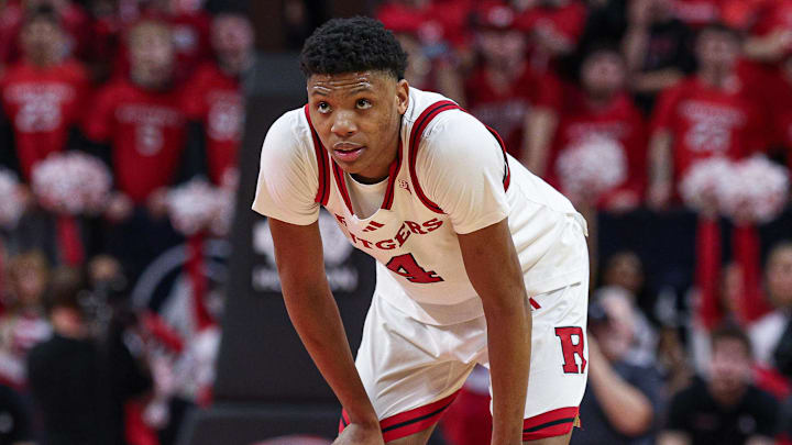 Mar 9, 2025; Piscataway, New Jersey, USA; Rutgers Scarlet Knights guard Ace Bailey (4) look up during overtime against the Minnesota Golden Gophers at Jersey Mike's Arena. Mandatory Credit: Vincent Carchietta-Imagn Images