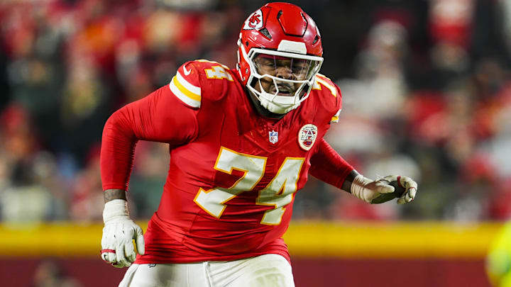 Kansas City Chiefs offensive tackle Jawaan Taylor (74) gets ready to block during the second half against the Los Angeles Chargers at GEHA Field at Arrowhead Stadium.