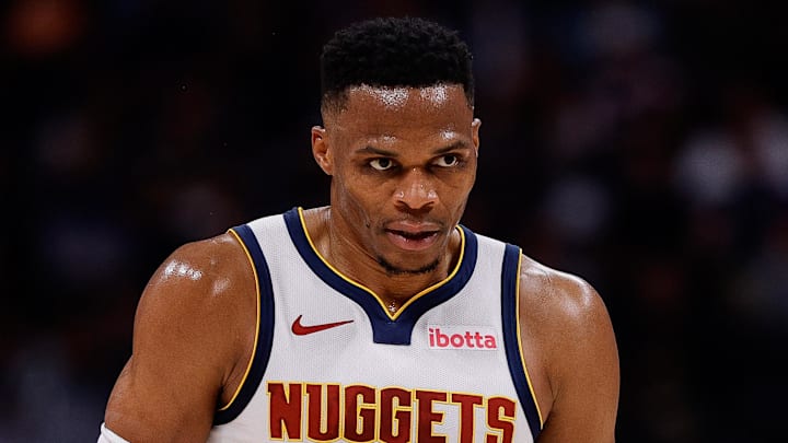 Oct 13, 2024; Denver, Colorado, USA; Denver Nuggets guard Russell Westbrook (4) in the second quarter against the Phoenix Suns at Ball Arena. Mandatory Credit: Isaiah J. Downing-Imagn Images