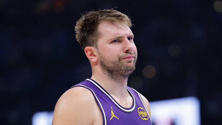 Nov 12, 2025; Oklahoma City, Oklahoma, USA; Los Angeles Lakers guard Luka Doncic reacts to a fan during the second quarter of a game against the Oklahoma City Thunder at Paycom Center. Mandatory Credit: Alonzo Adams-Imagn Images