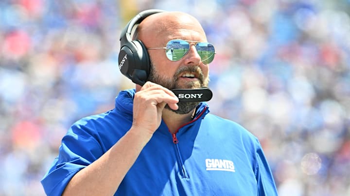 Aug 9, 2025; Orchard Park, New York, USA; New York Giants head coach Brian Daboll on the sidelines in the second quarter game against the Buffalo Bills at Highmark Stadium.  