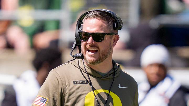 Oregon head coach Dan Lanning walks the field during the Oregon Ducks annual spring game on April 25, 2026 at Autzen Stadium in Eugene, Oregon. Oregon head coach Dan Lanning walks the field during the Oregon Ducks annual spring game on April 25, 2026 at Autzen Stadium in Eugene, Oregon.