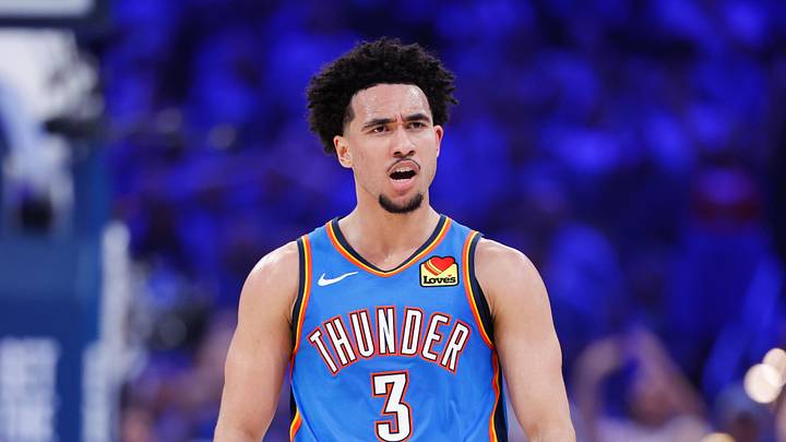May 18, 2026; Oklahoma City, Oklahoma, USA; Oklahoma City Thunder guard Jared McCain (3) reacts in the second quarter against the San Antonio Spurs during game one of the western conference finals for the 2026 NBA playoffs at Paycom Center. Mandatory Credit: Alonzo Adams-Imagn Images May 18, 2026; Oklahoma City, Oklahoma, USA; Oklahoma City Thunder guard Jared McCain (3) reacts in the second quarter against the San Antonio Spurs during game one of the western conference finals for the 2026 NBA playoffs at Paycom Center. Mandatory Credit: Alonzo Adams-Imagn Images